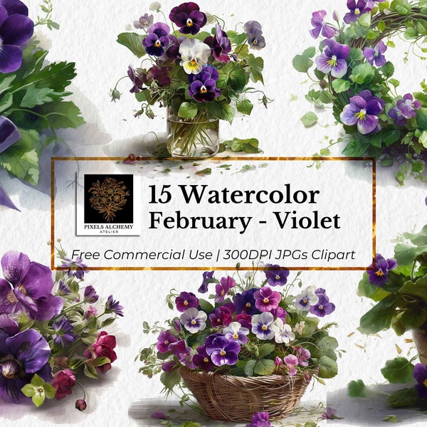 15 February - Violet Birth Flower JPGs, Watercolor Clipart, White Background, Planners, Cards, Junk Journals, Scrapbooking, Wedding Clipart