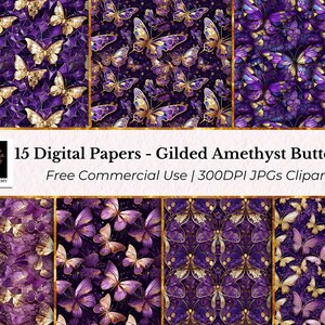 15 documenti digitali con farfalle ametiste dorate, JPG con motivi floreali senza soluzione di continuità, pianificatori, cartoline, diari spazzatura, scrapbooking, carta con motivi