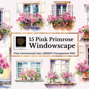 15 imágenes prediseñadas de acuarela de paisaje de ventana de prímula rosa, flores de nacimiento de febrero, PNG, tarjetas, diarios, álbumes de recortes, planificador, boda, proyecto de bricolaje
