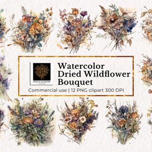 12 cliparts aquarelle de bouquet de fleurs sauvages séchées, PNG, usage commercial gratuit, agendas, cartes, carnets de bord, scrapbooking, clipart mariage