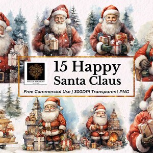 15 Conjunto de clipart de aquarela de Papai Noel feliz, PNGs, uso comercial GRATUITO, cartões, diários, scrapbooking, planejador, projetos DIY de casamento e feriado