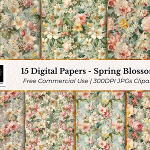 15 documenti digitali vintage: fiori primaverili, JPG con motivi floreali senza soluzione di continuità, cartoline, diari spazzatura, scrapbooking, carta con motivi