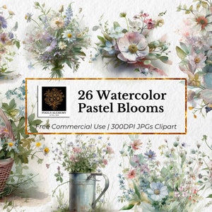 26 grillige pastelbloemen jpgs, aquarel clipart, witte achtergrond, planners, kaarten, ongewenste tijdschriften, scrapbooking, bruiloft clipart