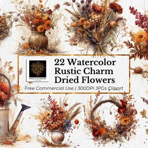 22 fichiers JPG de fleurs séchées au charme rustique, clipart aquarelle, fond blanc, cartes, carnets de voyage, scrapbooking, clipart mariage