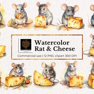 12 Watercolor Cute Baby Mouse and Cheese Clipart, Transparent PNG for commercial use, Planners, Cards, Junk Journals, Scrapbooking