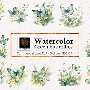 12 aquarel groene vlinders bloemen clipart, png's, GRATIS commercieel gebruik, planners, kaarten, ongewenste tijdschriften, scrapbooking, bruiloft clipart