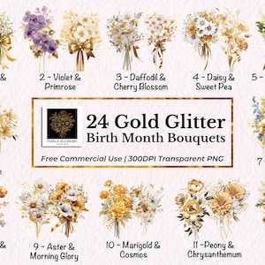 24 clipart de buquê de flores do mês de nascimento com brilho dourado, PNG, uso comercial GRATUITO, cartão, diário, álbum de recortes, planejador, casamento, feriado, faça você mesmo