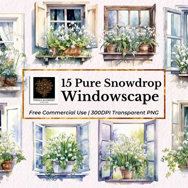 15 Pure White Snowdrop Windowscape Watercolor Clipart, January Birth Flowers, PNGs, Cards, Journals, Scrapbooking, Planner, Wedding, DIY