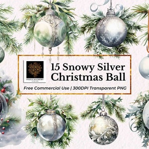 15 besneeuwde zilveren kerstbal aquarel clipartset, png, gratis commercieel gebruik, kaarten, tijdschriften, scrapbooking, planner, vakantieprojecten