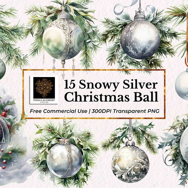 15 Snowy Silver Christmas Ball Watercolor Clipart Set, PNGs, FREE Commercial Use, Cards, Journals, Scrapbooking, Planner, Holiday Projects