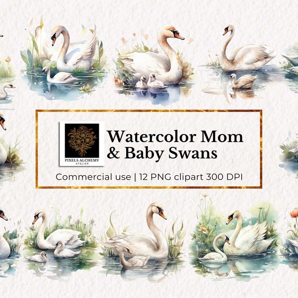 12 Watercolor Mother's day Mom&Baby Swans Clipart, Transparent PNG for commercial use, Planners, Cards, Junk Journals, Scrapbooking