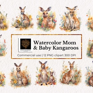 12 Aquarelle Mignonne Fête des Mères Mom&Baby Kangaroos Clipart, PNG transparent pour un usage commercial, Planificateurs, Cartes, Junk Journals, Scrapbooking