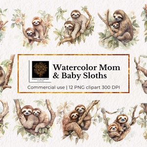 12 Clipart di bradipi per la festa della mamma con acquerello, PNG trasparenti per uso commerciale, creazione di biglietti, artigianato di carta digitale, download immediato