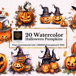 20 cliparts aquarelle citrouilles d'Halloween, PNG Transparent, usage commercial gratuit, téléchargement numérique, cartes, scrapbooking, agendas, journaux