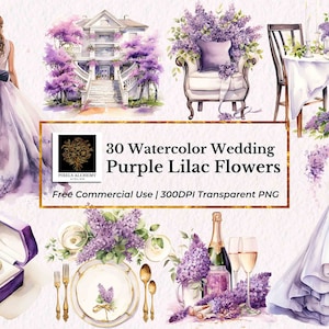 30 Lilac Wedding Watercolor Clipart, Transparent PNG, FREE Commercial Use, Planners, Cards, Junk Journals, Scrapbooking, Wedding Clipart