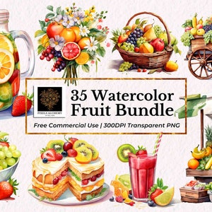 35 カラフルなフルーツ バンドルの水彩画クリップアート、透明な PNG、無料商用利用、プランナー、カード、ジャンク ジャーナル、スクラップブッキング、食品クリップアート