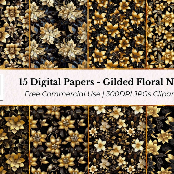 15 Gilded Floral Noir - Digital Papers, Seamless Floral Pattern JPGs, Planners, Cards, Junk Journals, Scrapbooking, Pattern Paper