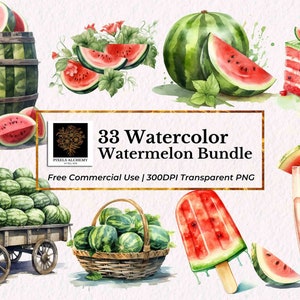 33 スイカの束の水彩画のクリップアート、透明な PNG、無料の商用利用、プランナー、カード、ジャンクジャーナル、スクラップブッキング、フルーツのクリップアート