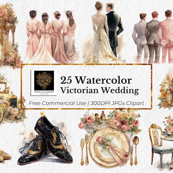 25 Victorian Wedding Theme JPGs, Watercolor Clipart, On White Background, Cards, Junk Journals, Scrapbooking, Wedding Clipart