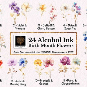 24 imágenes prediseñadas de flores del mes de nacimiento de tinta de alcohol dorada, PNG, uso comercial GRATUITO, tarjeta, diario, scrapbooking, planificador, boda, vacaciones, bricolaje
