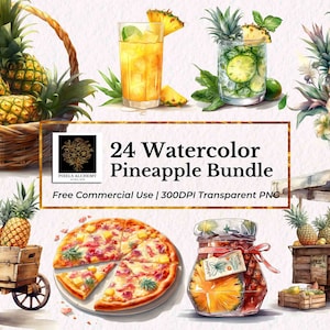24 パイナップル バンドル 水彩画 クリップアート、透明 PNG、無料商用利用、カード、ジャンク ジャーナル、スクラップブッキング、フルーツ クリップアート