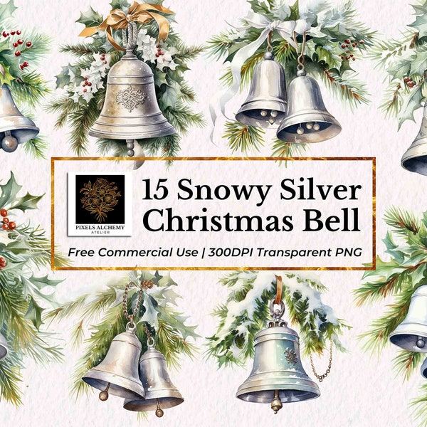 15 Snowy Silver Christmas Bell Watercolor Clipart Set, PNGs, FREE Commercial Use, Cards, Journals, Scrapbooking, Planner, Wedding, Holiday