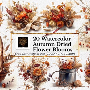 20 fichiers JPG de fleurs séchées d'automne, clipart aquarelle, fond blanc, agendas, cartes, carnets de bord, scrapbooking, clipart mariage