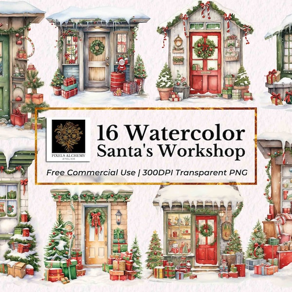 16 Santa's Workshop Door Clipart, Transparent PNG, Free commercial use, Christmas Holiday Clipart, Cards, Planners, Scrapbooking, Journals