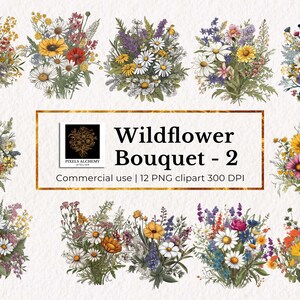 12 Illustration Wildblumen Blumenstrauß Clipart, 12 Transparente PNG für kommerzielle Nutzung, Kartenherstellung, digitale Papiermodelle, Sofort Download