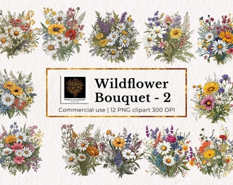12 Illustration Wildflower Bouquet Clipart, 12 Transparent PNG for commercial use, Card Making, Digital Paper Craft, Instant Download