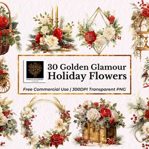 30 Golden Glamour Holiday Flowers Aquarela Clipart, PNGs, Buquê de Natal, Cartões, Diários, Scrapbooking, Planejador, Casamento, Projetos DIY