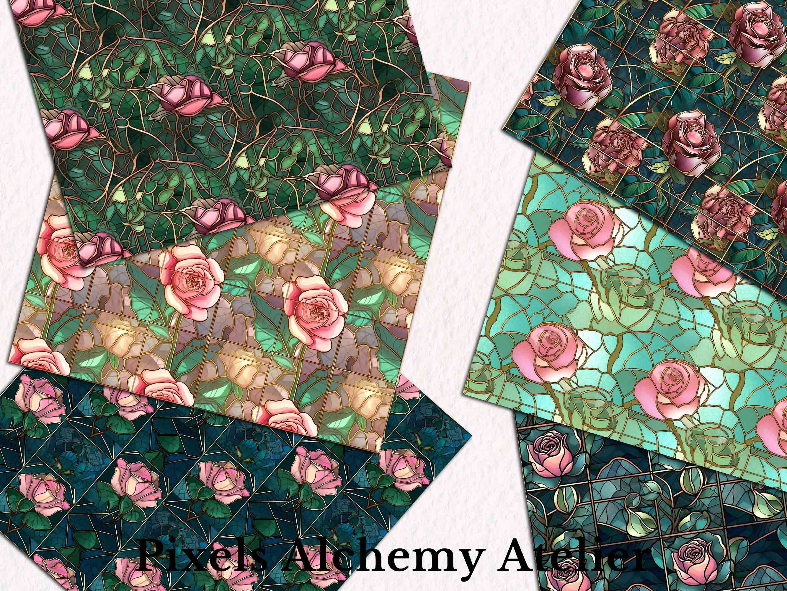 15 Spring Rose Stained Glass Digital Papers, Seamless Floral Pattern ...
