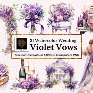 31 imágenes prediseñadas de acuarela de boda con votos violetas, rosas moradas, PNG transparente, planificadores, tarjetas, diarios basura, álbumes de recortes, imágenes prediseñadas de boda