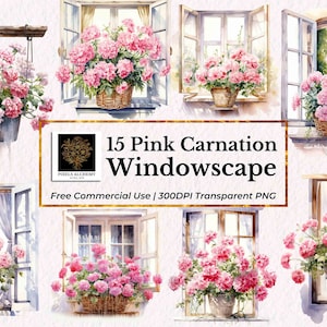 15 rosa Nelken Fensterlandschaft Aquarell Clipart, Januar Geburtsblumen, PNGs, Karten, Journals, Scrapbooking, Planer, Hochzeit, DIY-Projekte