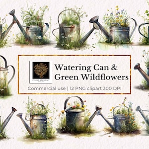 Aquarelle rouillé arrosage et fleurs sauvages vertes des cliparts, PNG Transparent pour usage commercial, fabrication de cartes, créations en papier, téléchargement immédiat