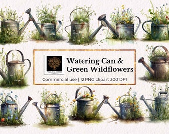 12 Watercolor Rusted Watering and Green Wildflowers Clipart, Transparent PNG for commercial use, Card Making, Paper Craft, Instant Download