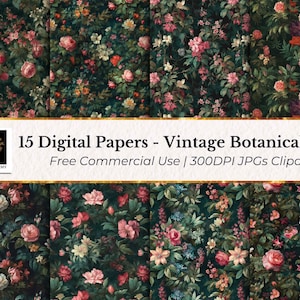 Puede incluir: Un conjunto de 15 papeles digitales con un patrón botánico vintage con flores rosas y blancas sobre un fondo verde oscuro. Los papeles son de 300 DPI y son de uso comercial gratuito.