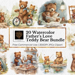 20 lindos ositos de peluche con el mensaje "Amor de padre" en formato JPG, clipart de acuarela, sobre fondo blanco, tarjetas, diarios basura, álbumes de recortes, clipart de osito