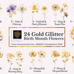 24 clipart de flores do mês de nascimento com brilho dourado, PNG, uso comercial GRATUITO, cartão, diário, álbum de recortes, planejador, casamento, feriado, projeto DIY