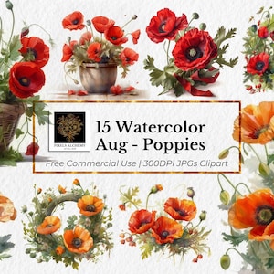 15 de agosto - JPGs de flores de nascimento de papoulas, clipart aquarela, fundo branco, planejadores, cartões, diários indesejados, scrapbooking, clipart de casamento