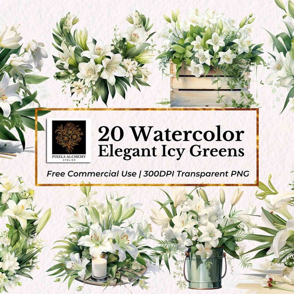 20 Elegant Icy Greens Watercolor Clipart, PNG, Lilies, Orchids, Freesias, Planners, Cards, Junk Journals, Scrapbooking, Wedding Clipart