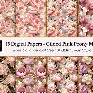 15 mosaico di peonia rosa dorata - documenti digitali, JPG con motivi floreali senza soluzione di continuità, pianificatori, cartoline, diari spazzatura, scrapbooking, clipart di matrimonio