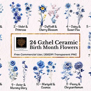 24 Gzhel Ceramic Birth Month Flowers Clipart, PNG, Uso comercial GRATUITO, Tarjeta, Diario, Scrapbooking, Planificador, Boda, Vacaciones, Proyectos de bricolaje