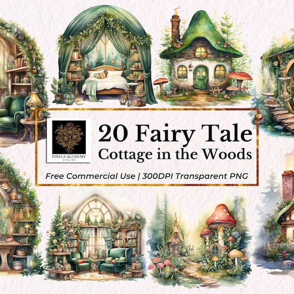 20 Fairy Tale Cottage in the Wood Watercolor Clipart Set, PNGs, FREE Commercial Use, Cards, Journals, Scrapbooking, Planner, Wedding Holiday