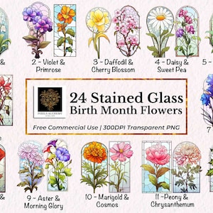 24 vitrais de flores do mês de nascimento, PNG, uso comercial GRATUITO, cartão, diário, álbum de recortes, planejador, casamento, feriado, projetos DIY