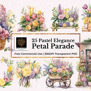 25 Pastel Elegance Petal Parade Watercolor Clipart, PNG, Wedding Clipart, Pastel Flower Bouquet, Cartões, Scrapbooking, Planejadores, Diários
