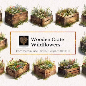 12 Aquarell Holzkiste und Blumen Clipart, transparente PNG für kommerzielle Nutzung, Kartenherstellung, digitale Papierkunst, Sofort Download