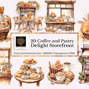 20 koffie en gebak Delight Storefront aquarel clipart, PNGs, koffie bakkerij clipart, kaarten, tijdschriften, scrapbooking, planner, DIY project