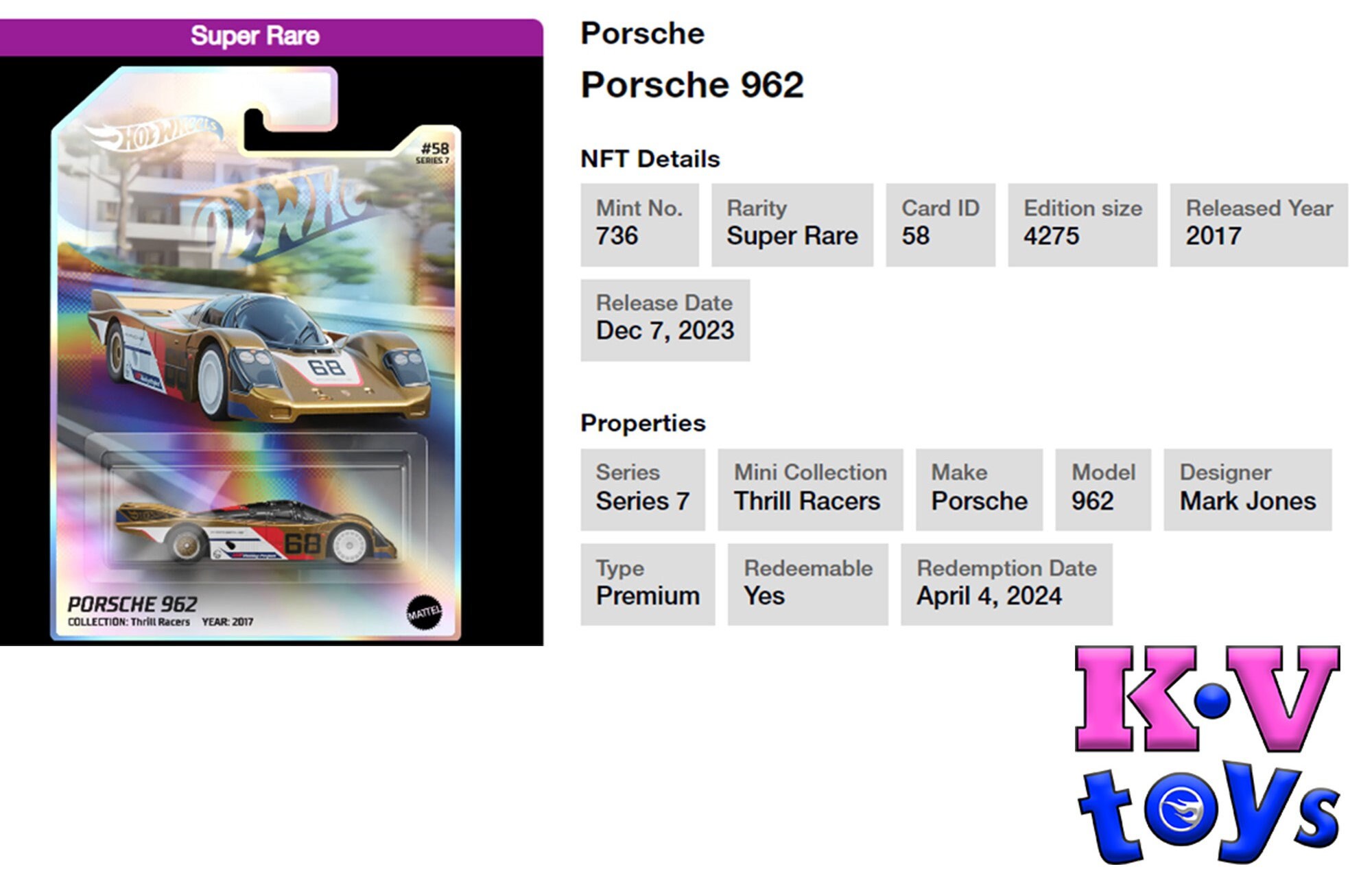 Hot Wheels - Porsche 962 - 2024 NFT Garage Series 7 – Top