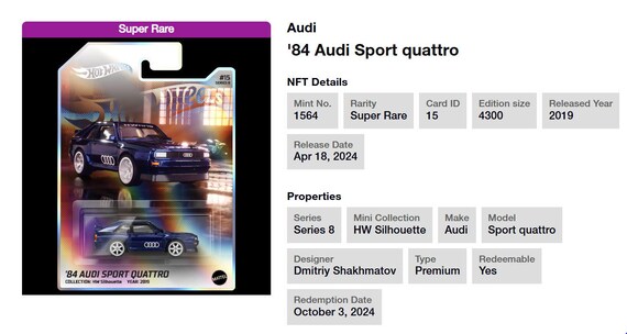 ホットウィール NFT   '84 Audi Sport quattro Amazon.com: Hot Wheels '84 Audi Sport Quattro, Rally Champs